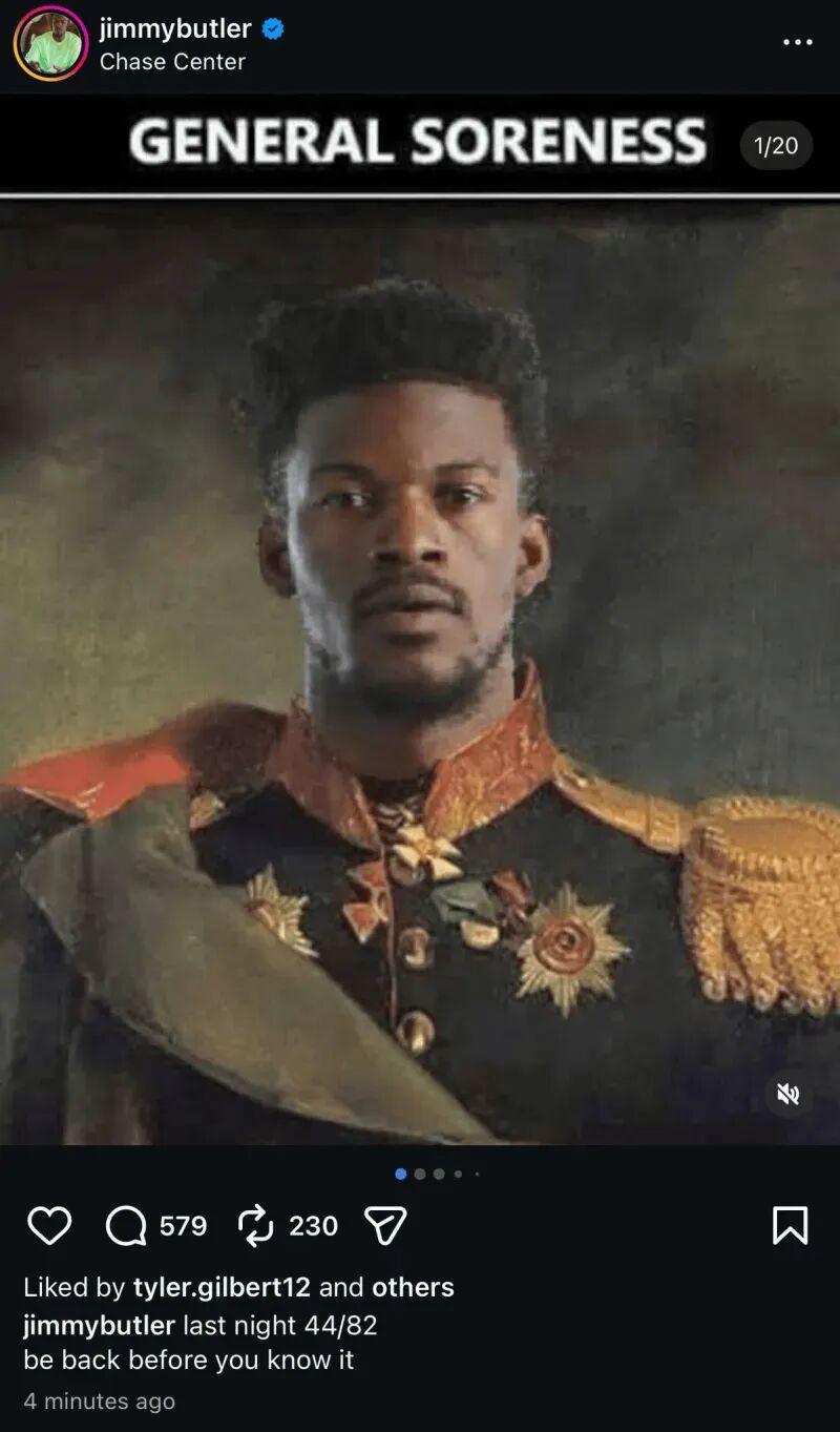 MK体育app-一图流|巴特勒赛季报销心情不错，晒图自嘲：酸痛将军！